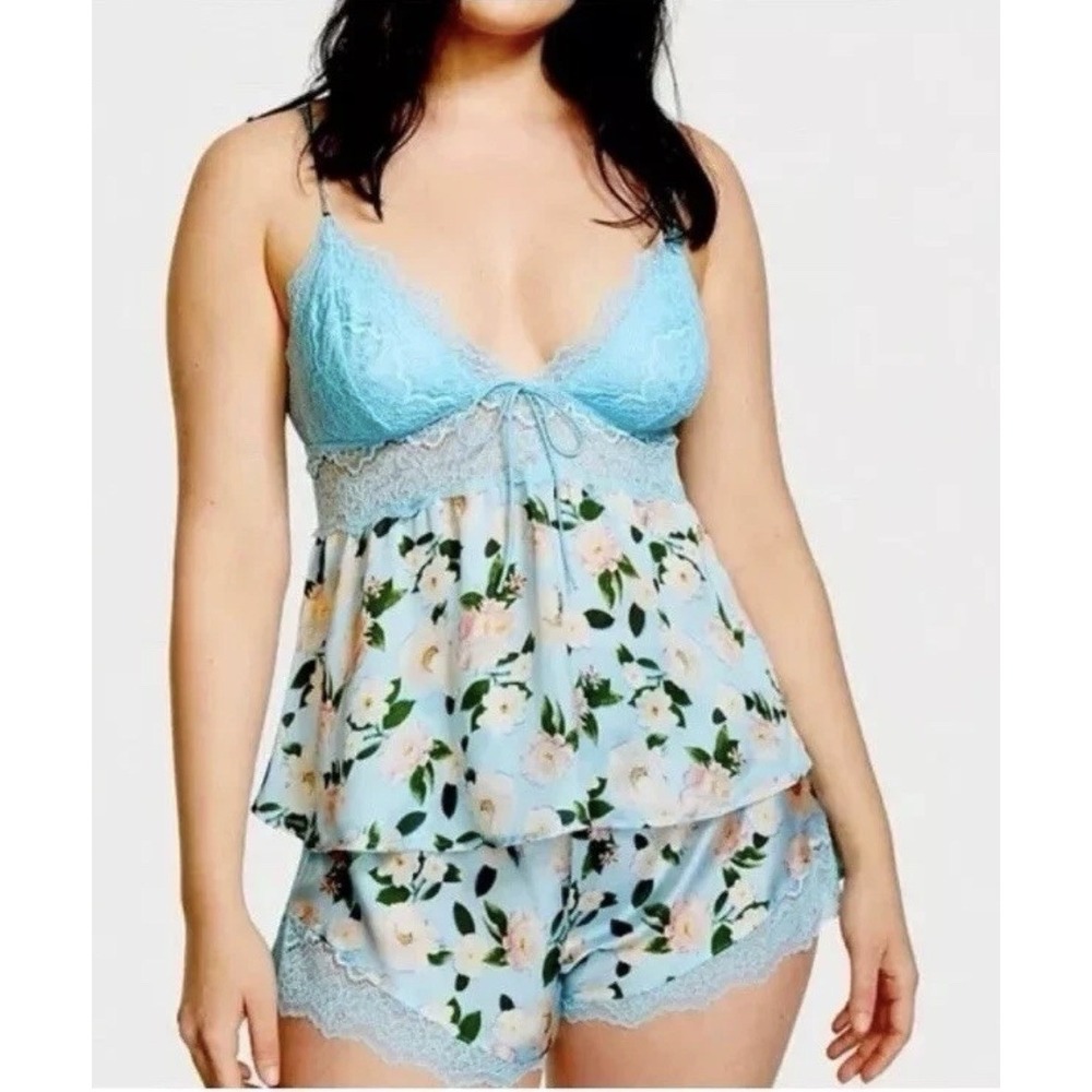 VICTORIA'S SECRET Blue LACE SATIN CAMI Pajama Babydoll S Lounge SET FLORAL I19-1